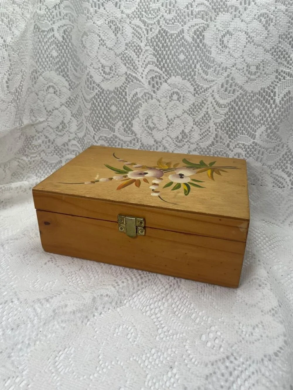 Handmade Wooden Jewelry Box With Floral Hand-Painted Design Red Felt Interior &
